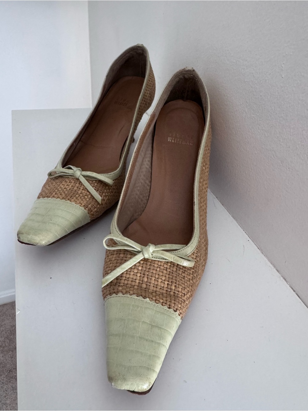 Stuart Weitzman Woven Tan and Light Green Pointed Toe Kitten Heels